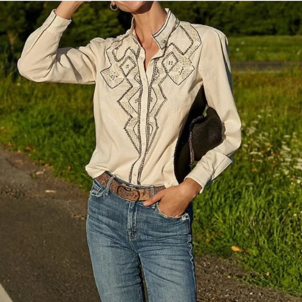 Anthropologie/Pilcro Embroidered rhinestone button down.